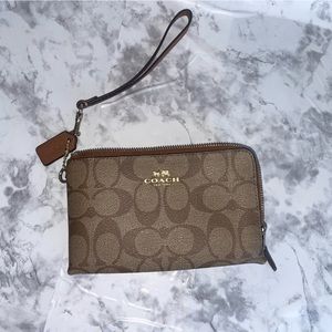 Brown Double Zipper Coach Wristlet